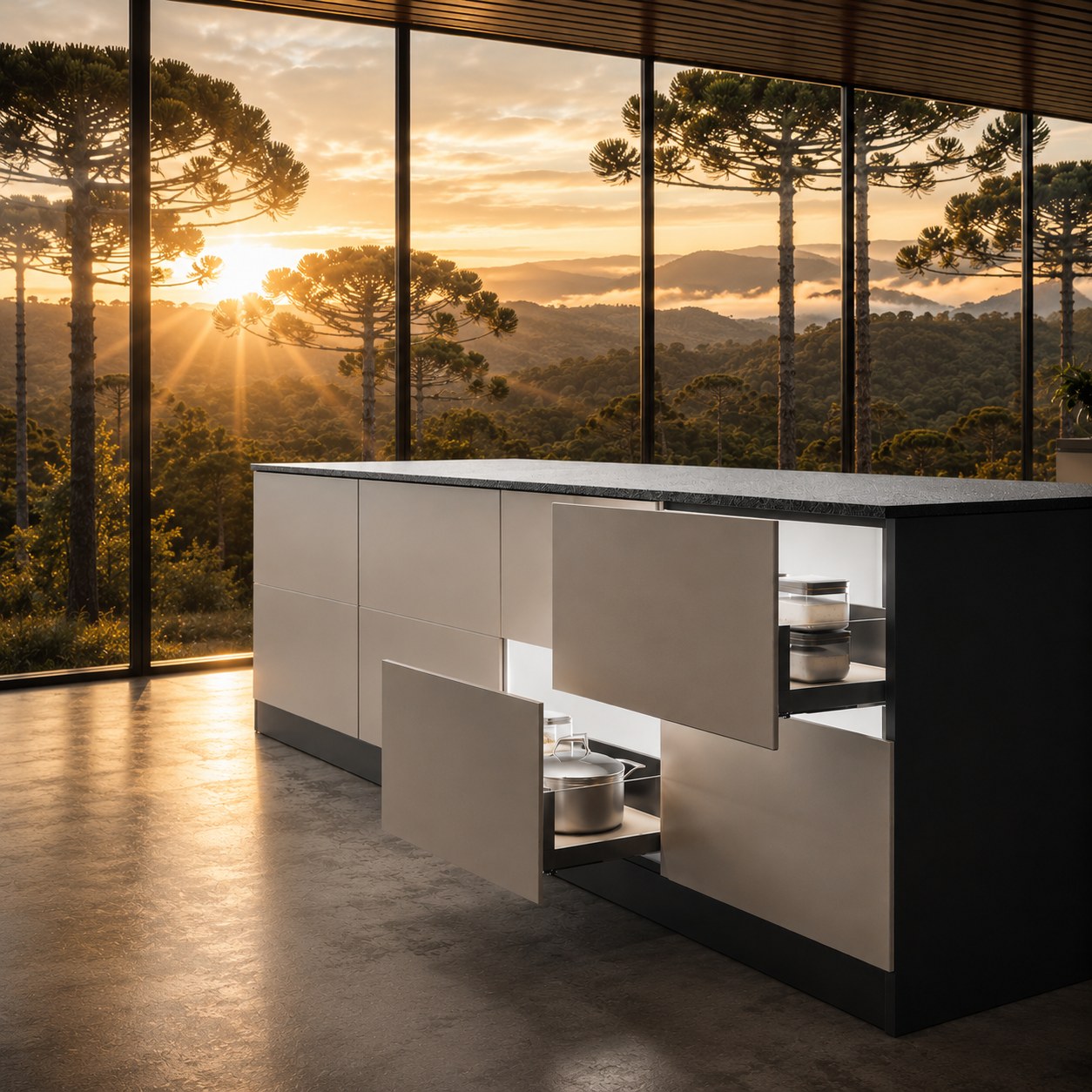 Ilha de cozinha planejada com gaveteiro Ultralighting Syntonia by Ultrafer aberto, iluminação LED