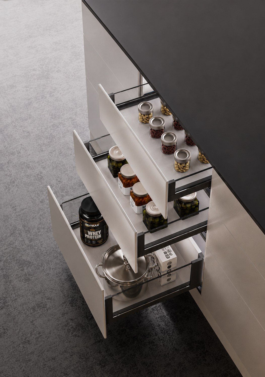 Detalhe do gaveteiro Ultralighting Syntonia by Ultrafer com potes organizados