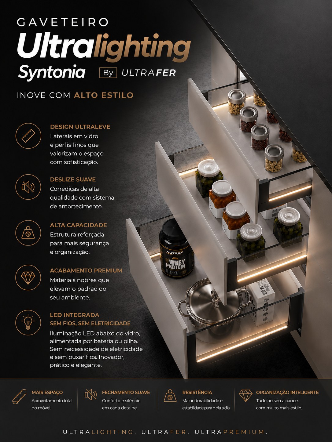 Gaveteiro Ultralighting Syntonia by Ultrafer com LED integrado abaixo do vidro