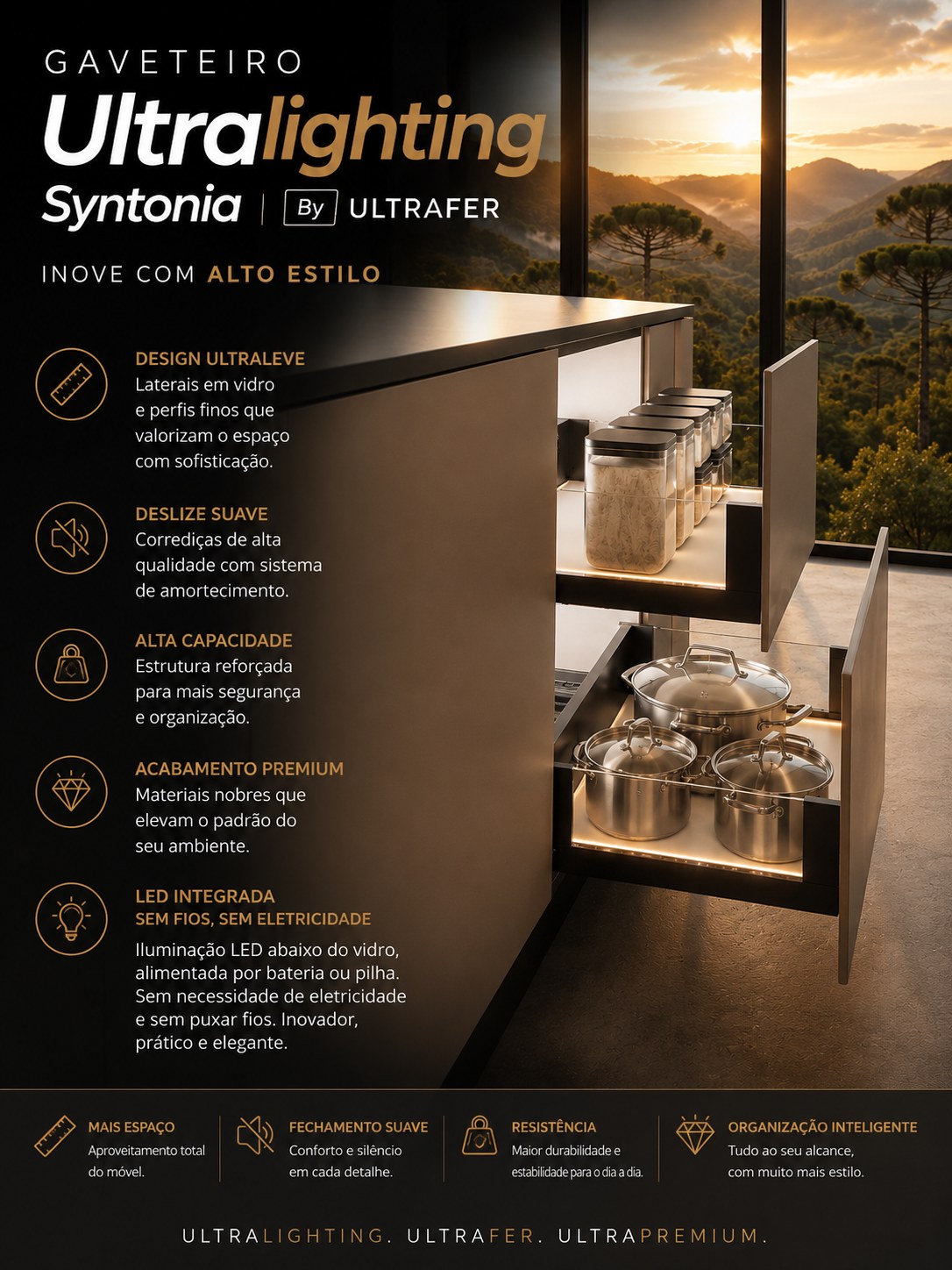 Gaveteiro Ultralighting Syntonia by Ultrafer instalado em ilha de cozinha